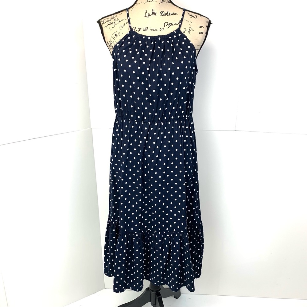 Banana Republic Factory Petite Women PM Navy Polka Dot Midi Dress Ruffle NWT